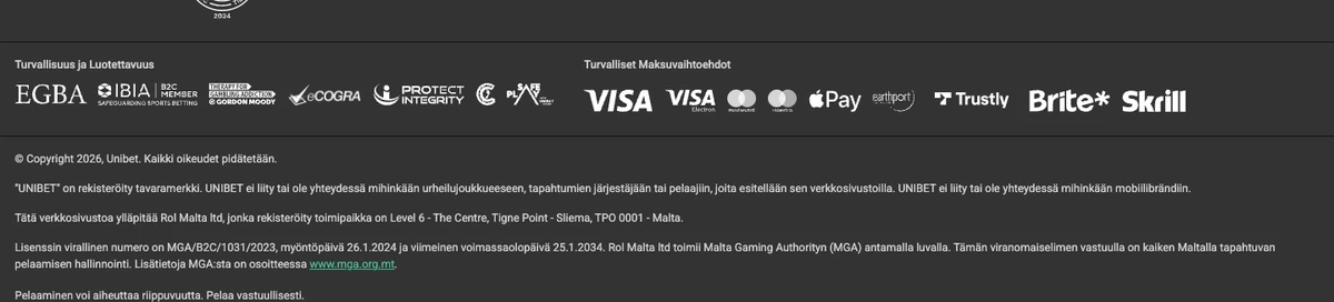 Unibetin alatunniste 18.10.2026: EGBA-, IBIA-, eCOGRA- ja maksutapalogot (Visa, Mastercard, Maestro, Apple Pay, Trustly, Brite, Skrill) sekä teksti Rol Malta ltd ja lisenssi MGA/B2C/1031/2023, myöntöpäivä 26.1.2024, voimassa 25.1.2034