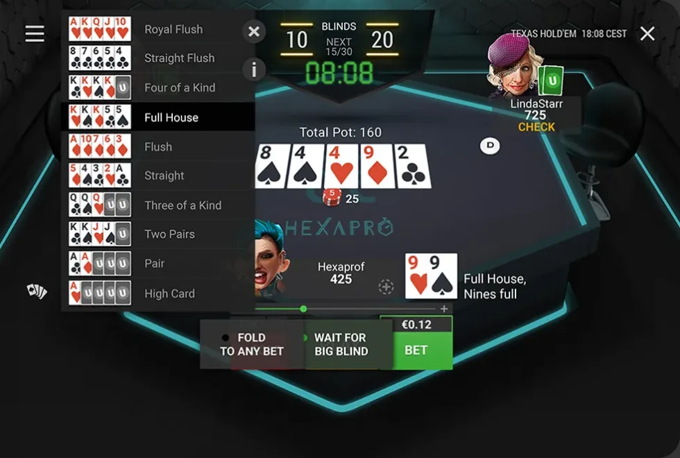 Unibetin pokeriohjelman esittelykuva: käsien arvojärjestys ja Texas Hold'em -pöytä, jossa yhdeksikköpari ja pöydän 9–4–4 tekevät täyskäden, kuvattu 17.10.2026