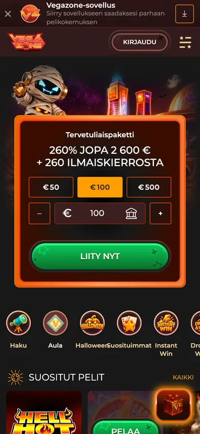 VegaZone Casino mobiilissa: Vegazone-sovellus-palkki, tervetuliaispaketti ja talletusikkuna pikasummilla 50, 100 ja 500 €, 390 px, kuvattu 18.10.2026