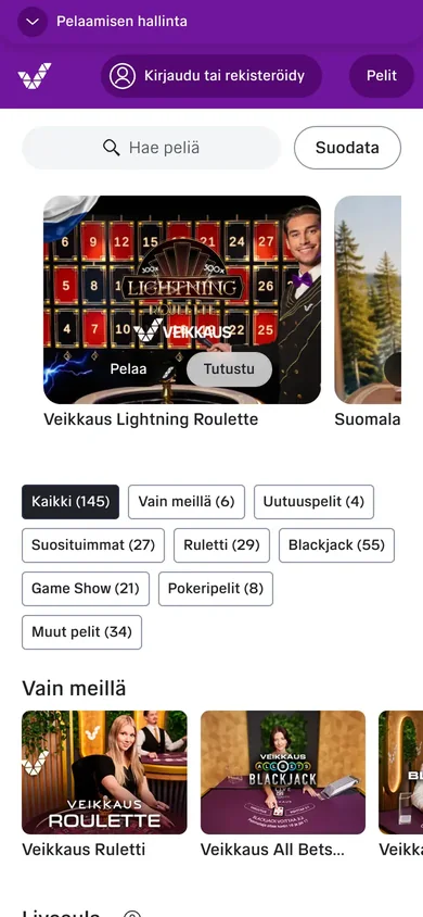 Veikkauksen livekasino puhelimessa: Veikkaus Lightning Roulette ja suodattimet Ruletti (29), Blackjack (55), Game Show (21), kuvattu Suomesta 18.10.2026