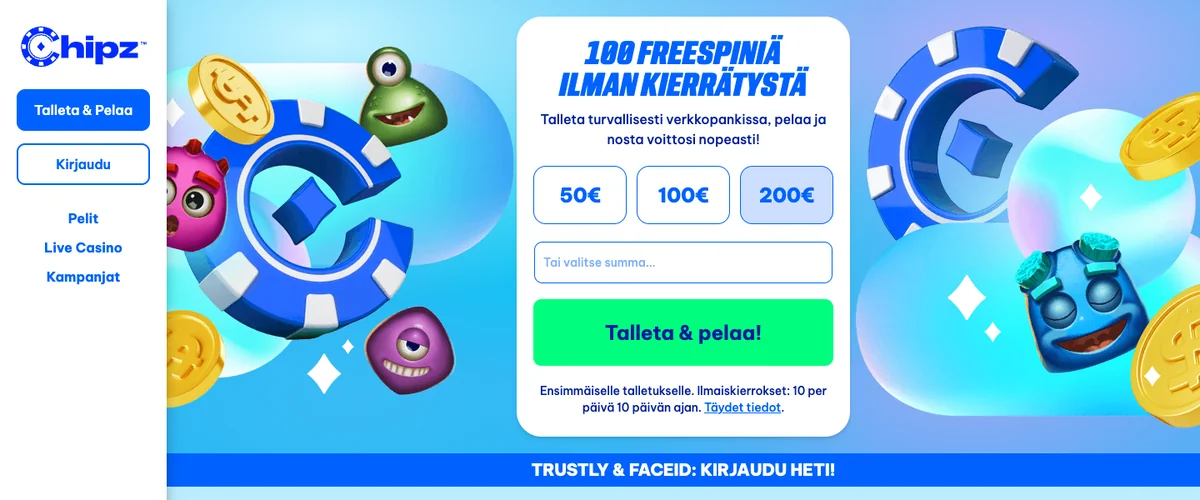Chipzin etusivu: 100 freespiniä ilman kierrätystä, 10 kierrosta päivässä 10 päivän ajan, kuvattu Suomesta 17.10.2026