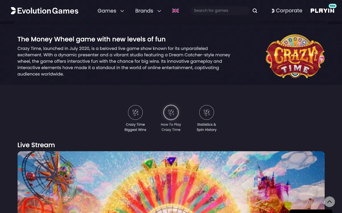 Evolutionin Crazy Time -pelin esittelysivu: ”launched in July 2020”, onnenpyörä ja bonuspelit, luettu 18.10.2026