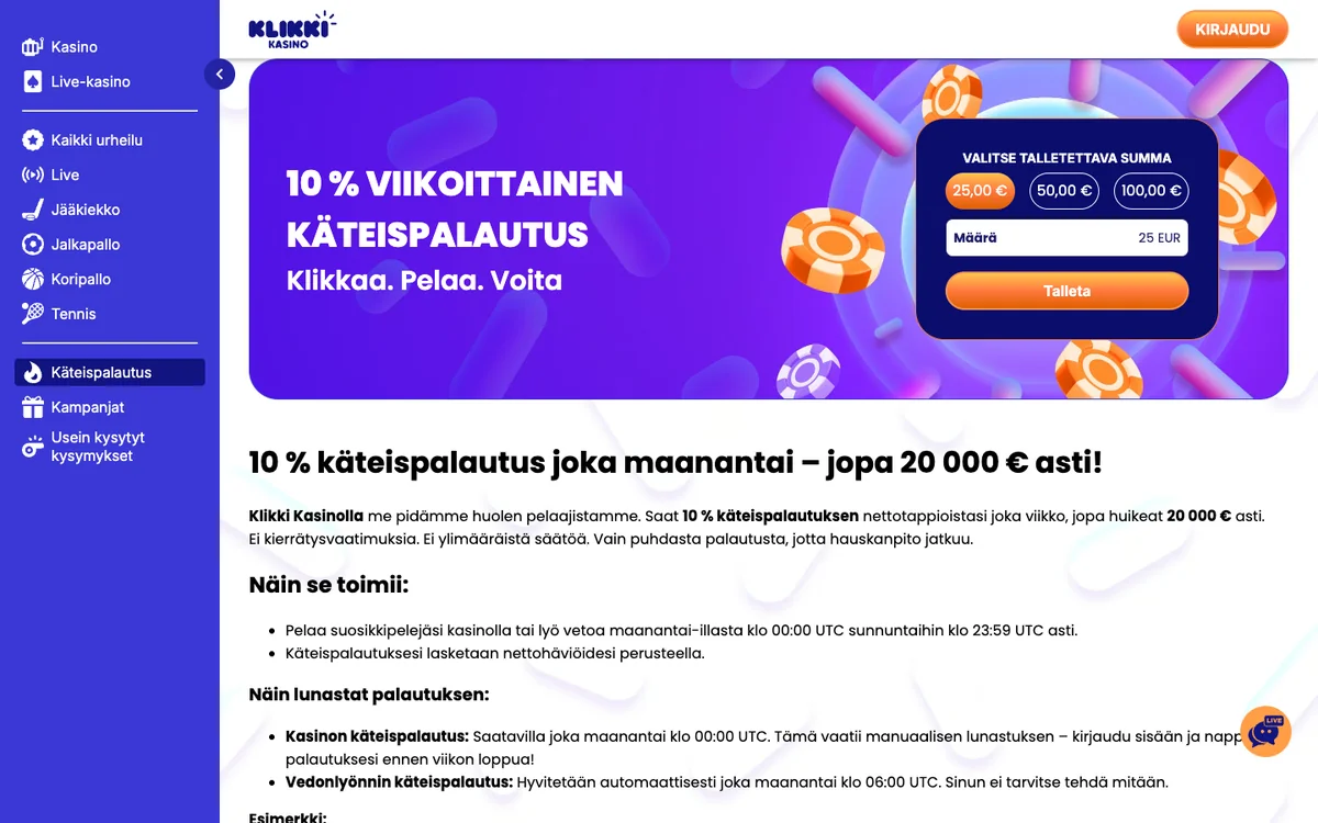 Klikki Kasinon käteispalautussivu: 10 % viikoittainen käteispalautus nettotappioista, lunastus maanantaisin, ei kierrätysvaatimuksia, kuvattu Suomesta 18.10.2026