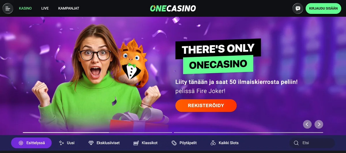 One Casinon etusivu: banneri ”Liity tänään ja saat 50 ilmaiskierrosta peliin Fire Joker” ilman talletusta ja Rekisteröidy-painike, kuvattu Suomesta 18.10.2026