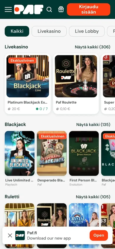 Pafin livekasino puhelimessa: välilehdet Kaikki, Livekasino ja Live Lobby, 306 livepeliä ja pienimmät panokset plaatoissa, kuvattu Suomesta 18.10.2026