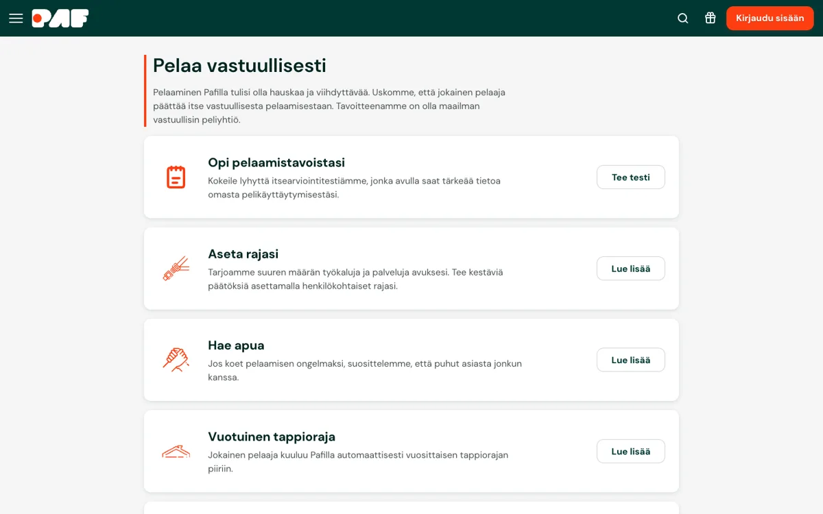Pelaa vastuullisesti -sivu 18.10.2026: itsearviointitesti, rajat, apu ja vuotuinen tappioraja, johon jokainen pelaaja kuuluu automaattisesti