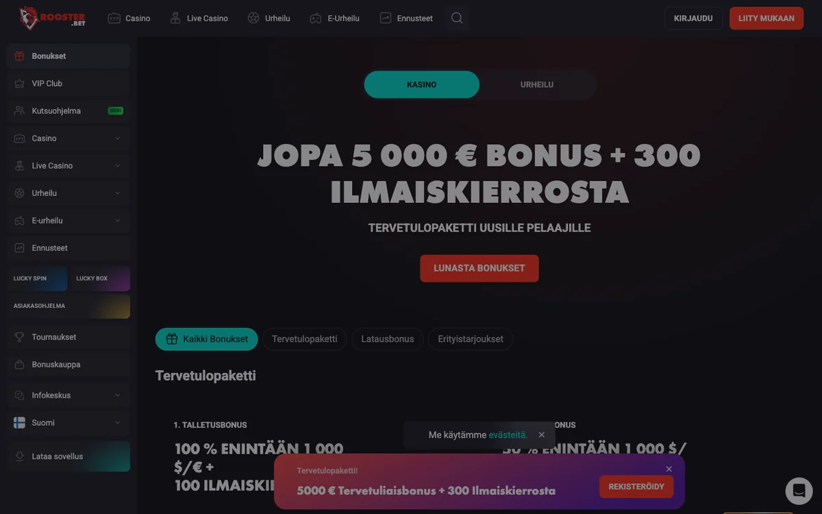 Rooster.betin tervetulopaketti: jopa 5 000 € bonusta ja 300 ilmaiskierrosta, ensimmäinen talletus 100 % enintään 1 000 €, kuvattu Suomesta 18.10.2026