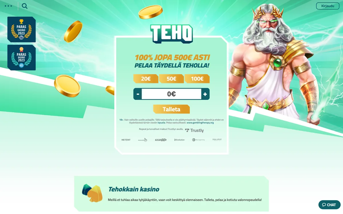 Teho Kasinon etusivu: 100 % bonus 500 euroon asti ja Trustly-talletus, kuvattu Suomesta 17.10.2026
