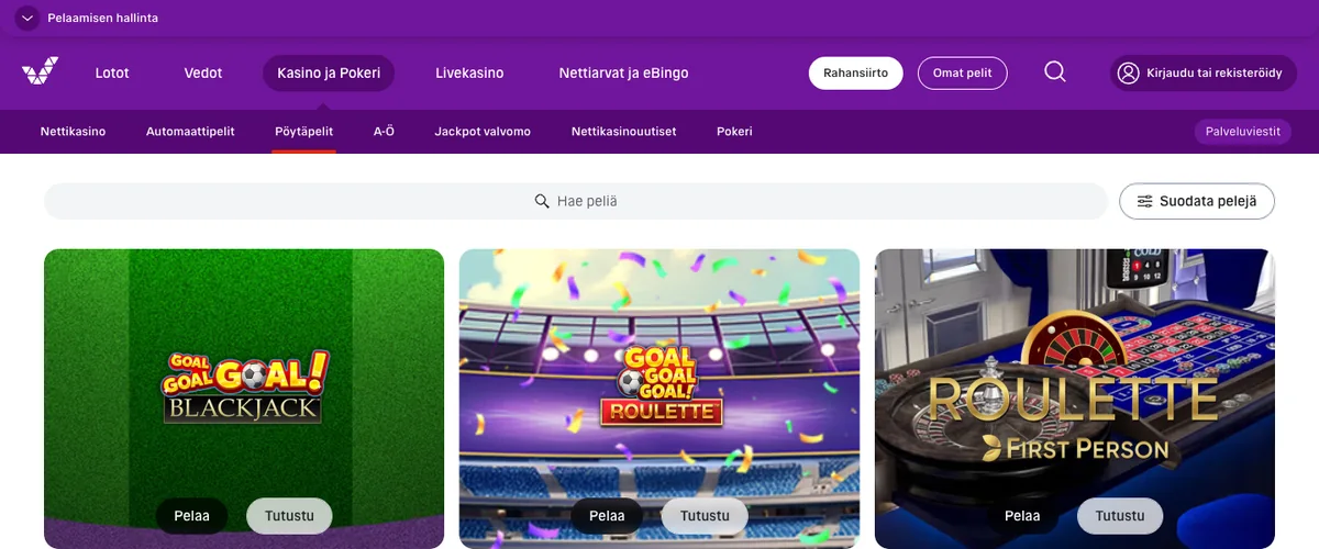 Veikkauksen pöytäpelit: Goal Goal Goal Blackjack, Goal Goal Goal Roulette ja First Person Roulette Pelaa- ja Tutustu-painikkeineen – ilmainen harjoittelu ennen rahapeliä, kuvattu Suomesta 18.10.2026