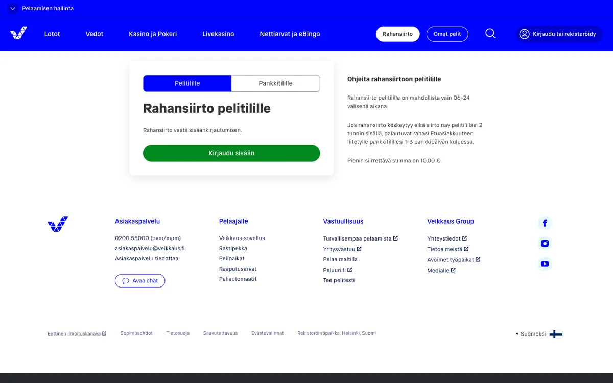 Veikkaus.fi rahansiirrot: siirtojen kellonajat, kuvattu Suomesta 18.10.2026