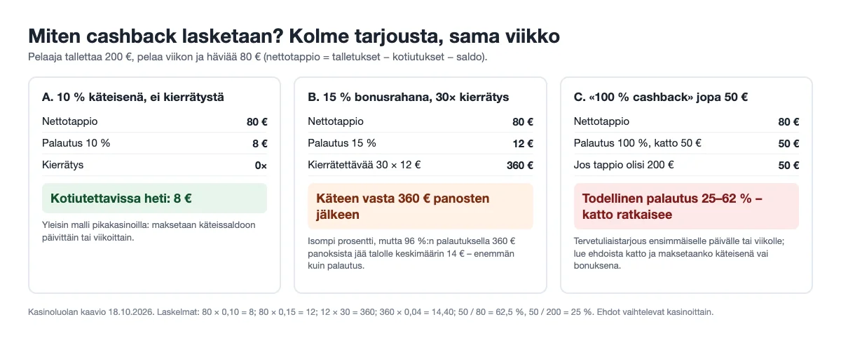 Kasinoluolan kaavio: miten cashback lasketaan – A: 10 % käteisenä = 8 € heti; B: 15 % bonusrahana 30× = 12 €, josta kierrätettävää 360 €; C: ”100 % cashback” 50 euron katolla = 50 €, todellinen palautus 25–62 % tappiosta