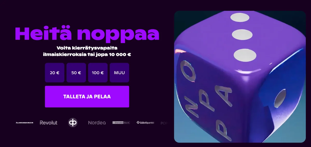 Nopan etusivu: heitä noppaa ja voita kierrätysvapaita ilmaiskierroksia tai jopa 10 000 €, talletus ja pelaa pankkitunnuksilla, kuvattu Suomesta 17.10.2026