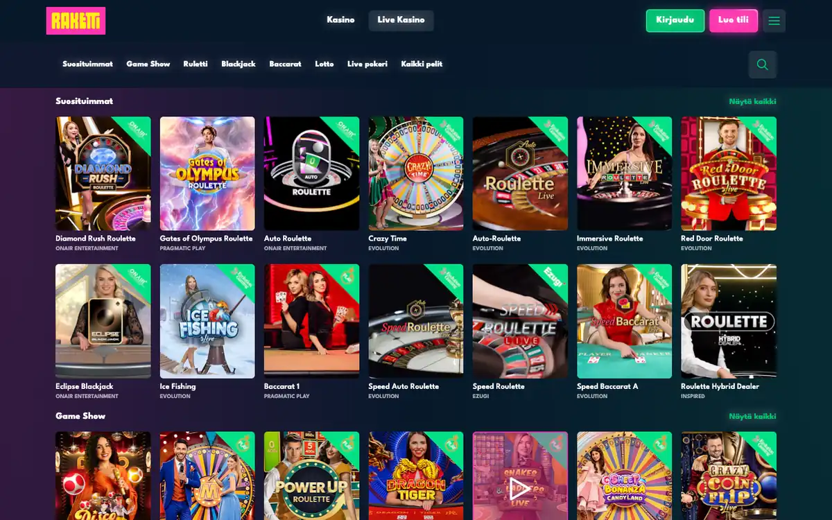 Raketti Casinon livekasino: suositut livepelit Diamond Rush Roulette, Gates of Olympus Live, Crazy Time, Lightning Roulette ja Evolutionin pelinäytökset, kuvattu Suomesta 18.10.2026