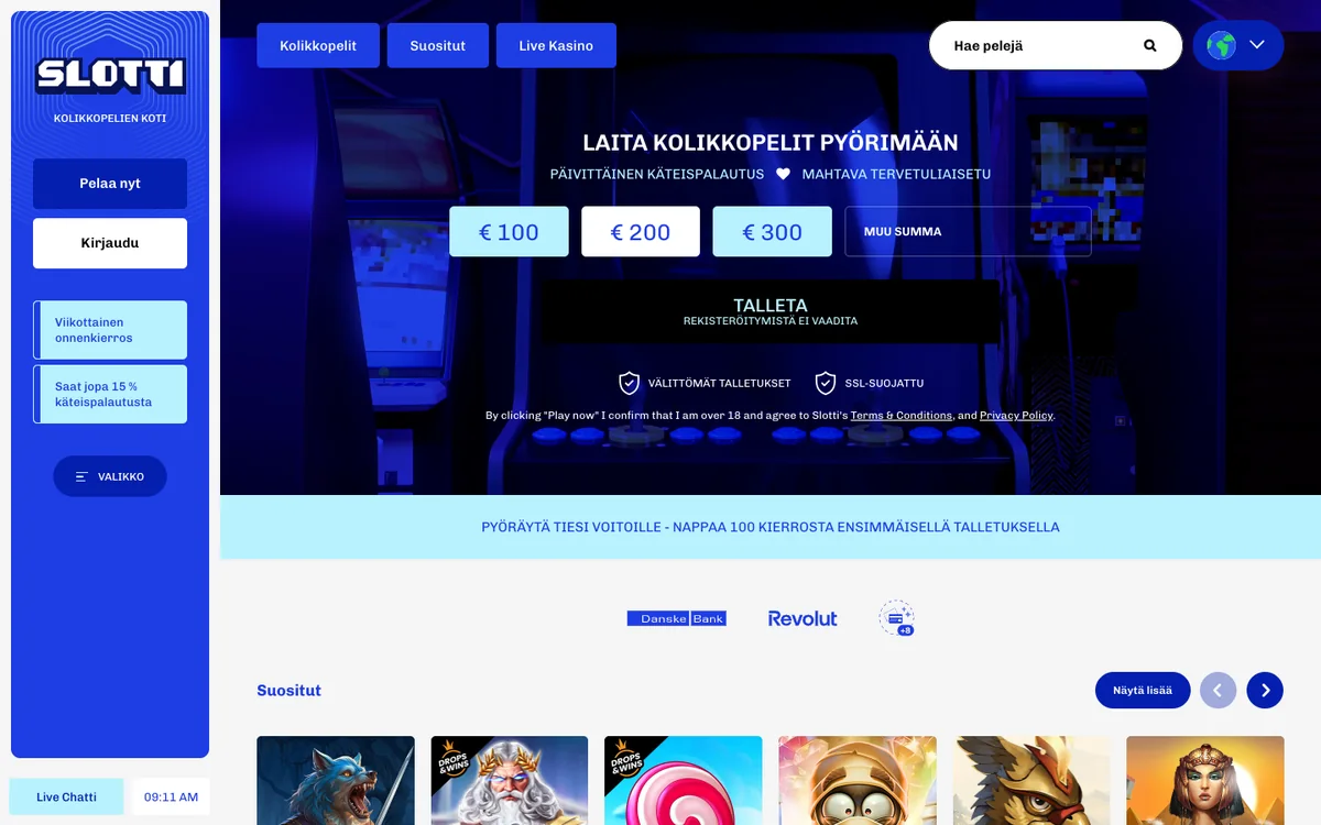 Slotti Casinon pelivalikon alku: kategoriat Kolikkopelit, Suositut ja Live Kasino, talletuspainikkeet 100 / 200 / 300 € ja Suositut-pelien laatat, kuvattu Suomesta 18.10.2026