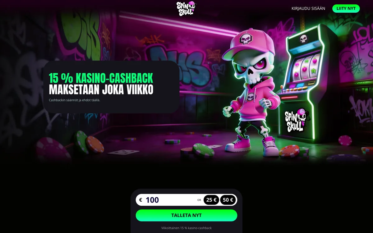 SpinSkullin etusivu: viikoittainen 15 % kasino-cashback, kuvattu Suomesta 17.10.2026