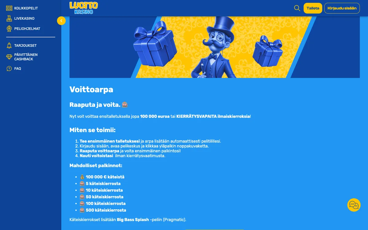 LuottoKasinon Voittoarpa-sivu: palkintoina 100 000 € käteistä tai 5–500 käteiskierrosta ilman kierrätystä, kuvattu Suomesta 17.10.2026