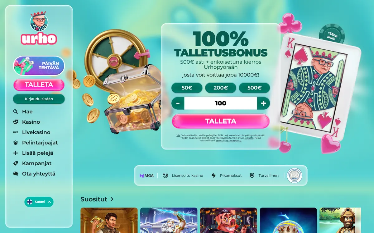 Urho Kasinon etusivu: 100 % talletusbonus 500 euroon asti ja kierros Urhopyörään, kuvattu Suomesta 17.10.2026