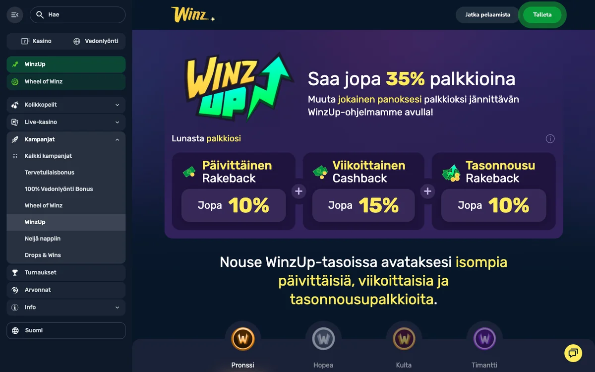Winzin WinzUp-ohjelma: päivittäinen rakeback jopa 10 %, viikoittainen cashback jopa 15 % ja tasonnousurakeback jopa 10 %, kuvattu Suomesta 18.10.2026