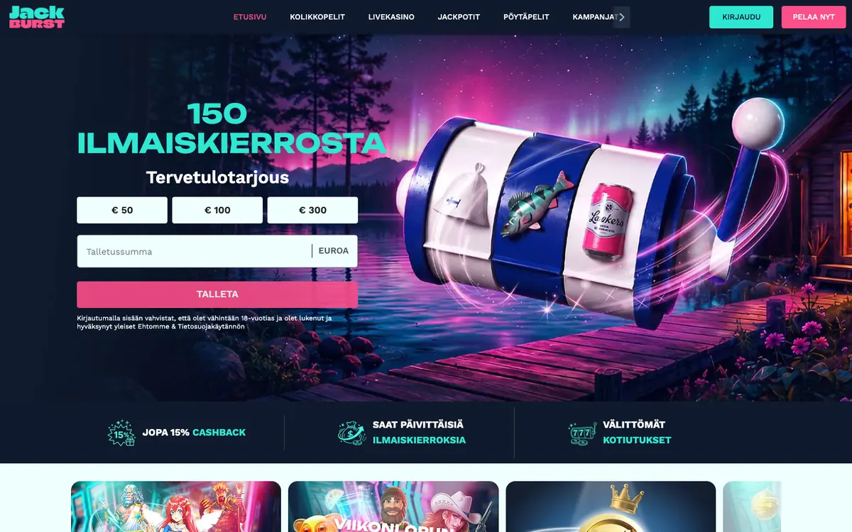Jackburstin etusivu: 150 ilmaiskierroksen tervetulotarjous ja jopa 15 % cashback, kuvattu Suomesta 17.10.2026