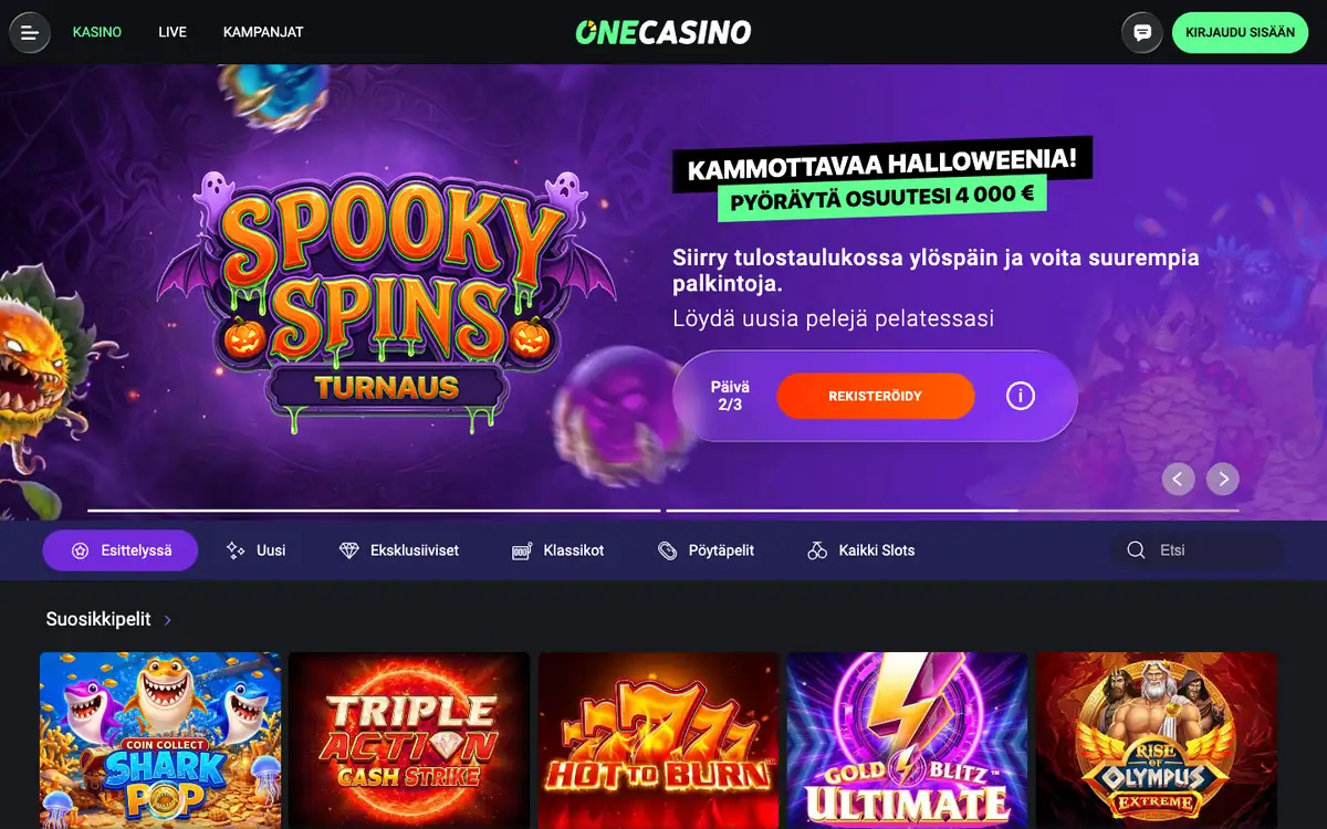 One Casinon etusivu: Spooky Spins -turnaus, pyöräytä osuutesi 4 000 eurosta, kuvattu Suomesta 17.10.2026