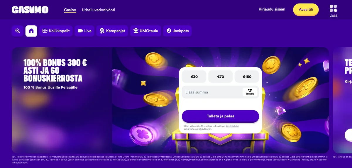 Casumon etusivu: 100 % bonus 300 euroon asti ja 60 bonuskierrosta sekä tarjouksen ehdot (20x talletus + bonus, panos enintään 5 €), kuvattu Suomesta 17.10.2026