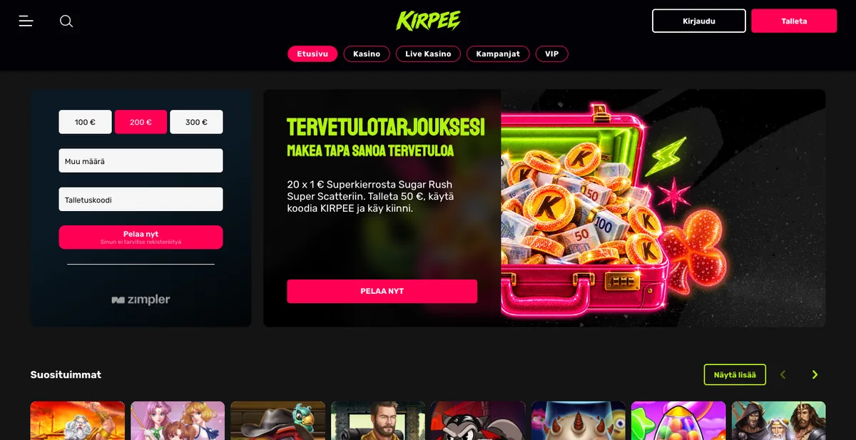 Kirpeen etusivu: talletuskoodi-kenttä ja tervetulotarjous 20 × 1 € Superkierrosta koodilla KIRPEE, kuvattu Suomesta 17.10.2026